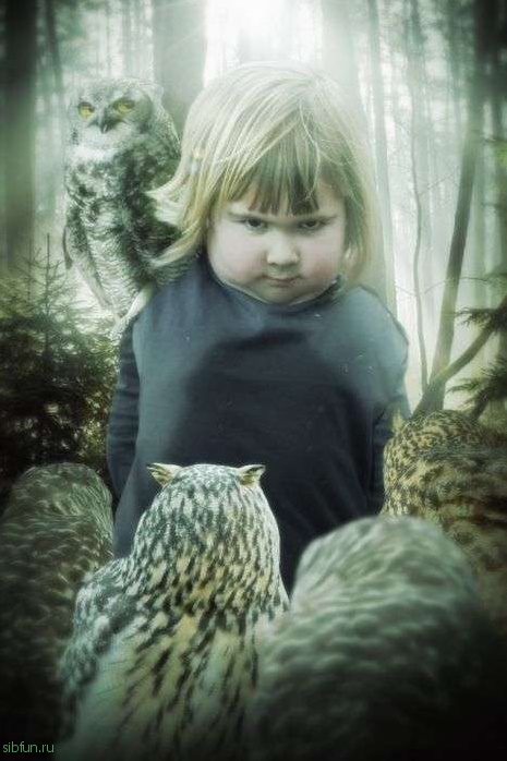 Забавные фотожабы на маленькую девочку с совой