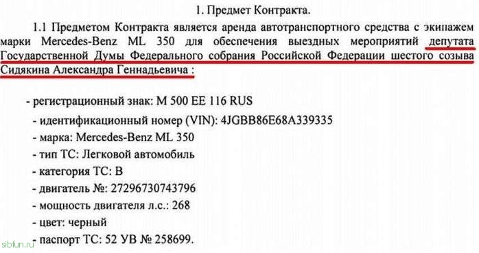Аренда автотранспортного средства для депутата Сидякина обходится в 100 000 рублей в месяц