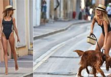 Кимберли Гарнер в купальнике с собакой